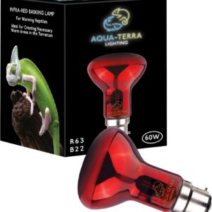 Aqua-Terra Lighting 60w Infrared Basking Heat Lamp for Reptiles, Amphibians and Invertebrates– R63 spotlight bulb with B22 standard Bayonet Base suitable for vivarium heating