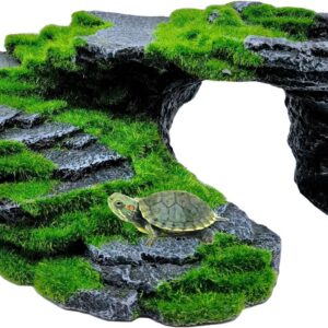 M2cbridge Reptile Hide Resting Step Ledge Cave Hideout Turtle Basking Platform – Great for Reptiles, Amphibians, and Fish (Moss Step Ledge B)