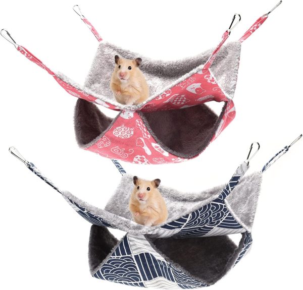 olyee 2 Pack Rat Hammocks for Cage, Double-Layer Hanging Bed for Small Animals Guinea Pig Cage Accessories Bedding, Warm Hammock for Parrot Ferret Squirrel Hamster Rat Playing Sleeping(Pink+Navy)