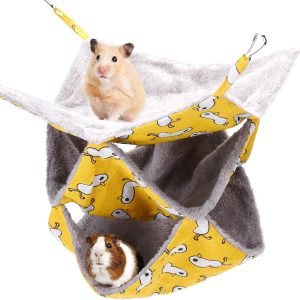 olyee Rat Hammocks for Cage,Triple Hanging Ferret Hammock Beds for Small Animals Guinea Pig Cage Accessories Bedding,Warm Hammock for Parrot Squirrel Hamster Rats Playing Sleeping(Yellow)