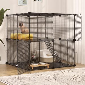 YITAHOME Cat Cage Indoor Cat Enclosures 2-Tiers DIY Cat Playpen, Cat Cage with Metal Wire Dense, Cat Pet Playpen Metal Kennel for 1-2 Cats, Ferret, Rabbit, Small Animals, Black, 71x 71x71cm