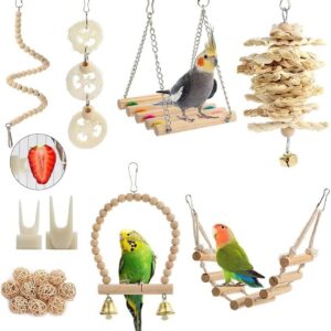 18 pcs Bird Toys Parakeet Toys Bird Cage Accessories Parrot Swing Chewing Standing Hanging Perch Hammock Climbing Ladder for Budgerigar,Parakeet,Conure,Cockatiel,Mynah,Love Birds,Finches