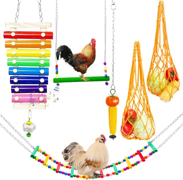 6 PCS Chicken Toys for Coop Hens, Chicken Xylophone with Grinding Stone Chicken Swing Flexible Ladder String Bag Vegetable Skewer String Feeder for Parrot Bird