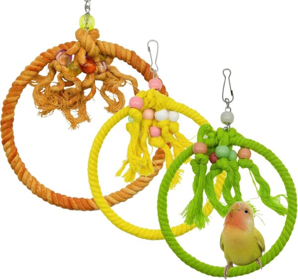 Allazone 3 PCS Bird Swing Cotton Rope Ring, 7.1 Inches Bird Swing Cotton Rope Ring Bird Parrot Perches Parrot Cage Hanging Perches Soft Bird Stand Toys