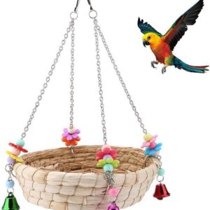 Bird Parrot Toy,Parrot Bird Nest, Natural Hand Woven Straw Nest Bed Swing with 4 Metal Bells,Swing for Birds,Perched Parrot