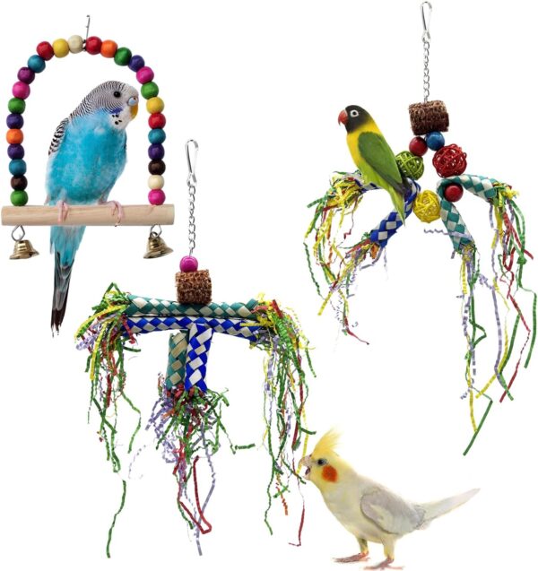 Bird toys, bird shredding chew toys, parrot coloured paper tube toys, hanging swing toys with bells, bird cage accessories, 3 pieces.