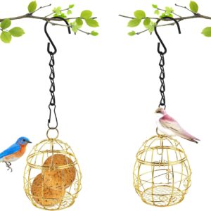 Boisbresil 2Pcs Hanging Metal Small Bird Feeder Fat Ball Feeders Hanging Suet Holders for Fat Balls Metal Ball Feeder with 2 S-shaped hooks for Garden Wildlife Birds Finch Sparrow Robin