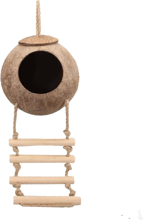 MEISH Gecko Coconut Husk Hut with Ladder Natural Reptile Hideouts Cave Habitat with Hanging Loop for Pets Leopard Gecko