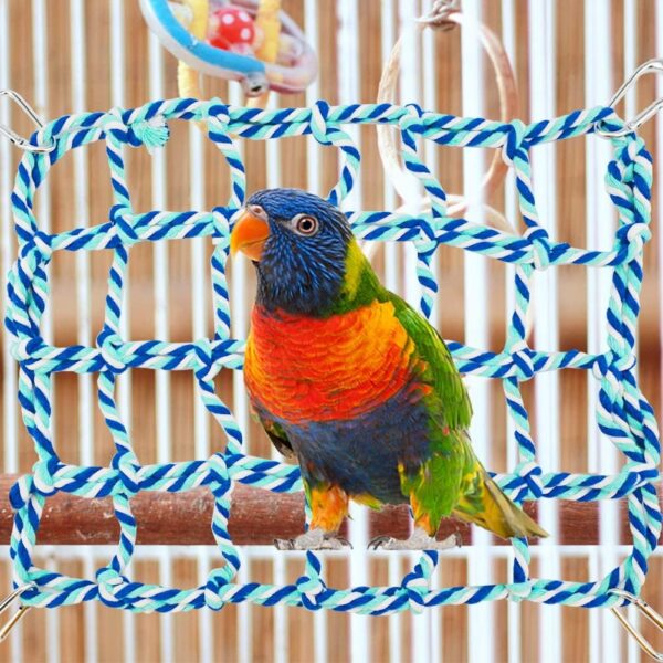 Parrot Toys Colorful Woven Climbing Net with 4 Hooks, Bird Toys Hanging Swing Net, Rat Toys Cotton Hanging Hammock Rope Net for Bird, Parrot, Small Animal, Hamster, Squirrel, Chinchillas (D)