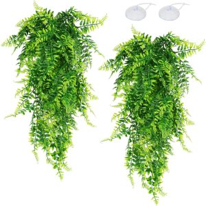 QUOZUO 2 Pack Reptile Plants Terrarium Hanging Plant Artificial Leaves Reptile Hide with Suction Cup, Reptile Tank Accessories for Bearded Dragon Lizard Snake Geckos Chameleon