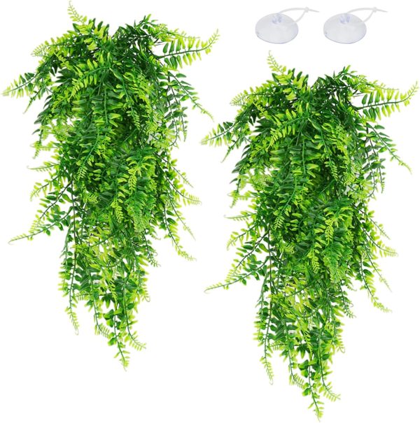 QUOZUO 2 Pack Reptile Plants Terrarium Hanging Plant Artificial Leaves Reptile Hide with Suction Cup, Reptile Tank Accessories for Bearded Dragon Lizard Snake Geckos Chameleon