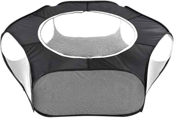 Small Animals Cage Tent Foldable Breathable Pet Playpen with Zipper Top Cover Clear Anti Escape Outdoor Indoor Yard Fence Cage Exercise Fence for Guinea Pig,Kitten, Puppy, Chinchilla, Hedgehog Black