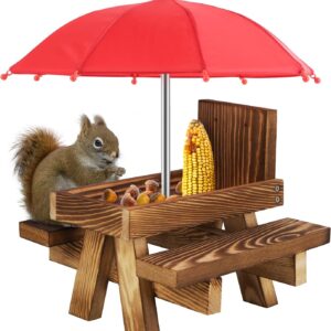 Squirrel Feeder Picnic Table with An Umbrella Bird Feeders Hanging Station for Animals Outdoor Garden Wooden Squirrel Feeder Funny Squirrel Feeding Table for Nuts, Peanuts, Seeds 21x18x18cm