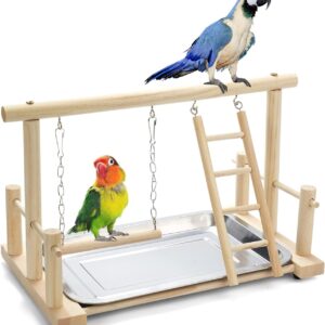 TeTupGa Natural Wood Bird Playground Parrot Playstand Play Gym Stand Playpen Perches Ladder Swing Platform with Toys Exercise Playgym for Budgie,Canary,Cockatiels,Conures,Parakeets,Lovebird,Finch