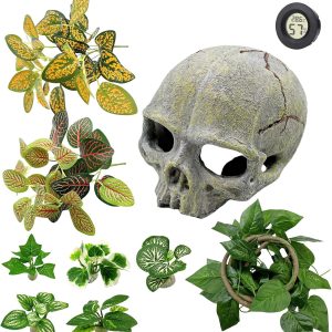 Tfwadmx 11Pcs Bearded Dragon Tank Accessories Reptiles Skull Hide Decorations Terrarium Ornament Gecko Hideouts Cave Snake Habitat Decor Plants Bendable Vines Leaves for Lizards,Chameleon