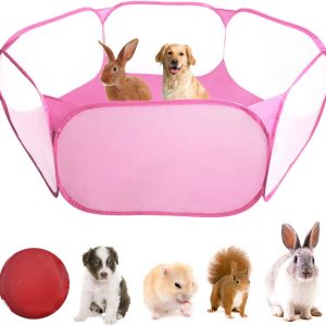 WEONE Small Animals Cage, Foldable Pet Playpen, Portable Hamster Playpen, Breathable Pet Cage Pen Tent, Pop-Up Outdoor Indoor Exercise Fence for Guinea Pig, Rabbits, Chinchillas, Hedgehogs, Rat -Pink