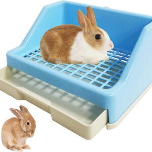 kathson Rabbit Litter Box Trainer Small Animal Potty Corner Toilet with Drawer Pet Cage Pan Litter Bedding Box for Guinea Pig Hamster Bunny Ferret Galesaur Mouse Squirrel (Blue)